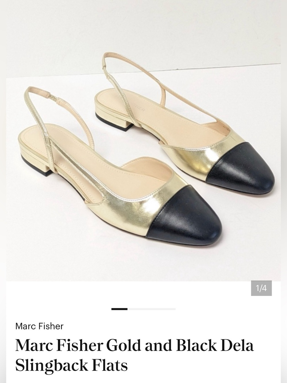 Marc Fisher Gold and Black Pointed Slingback Flats